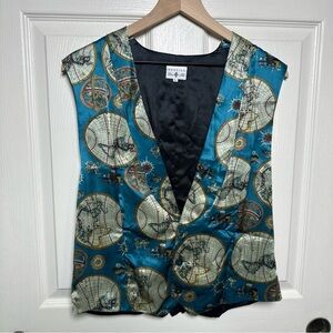 Vintage Mansilk 100% SILK Suit Vest Large Unisex 1980s ADJUSTABLE World Map Ship